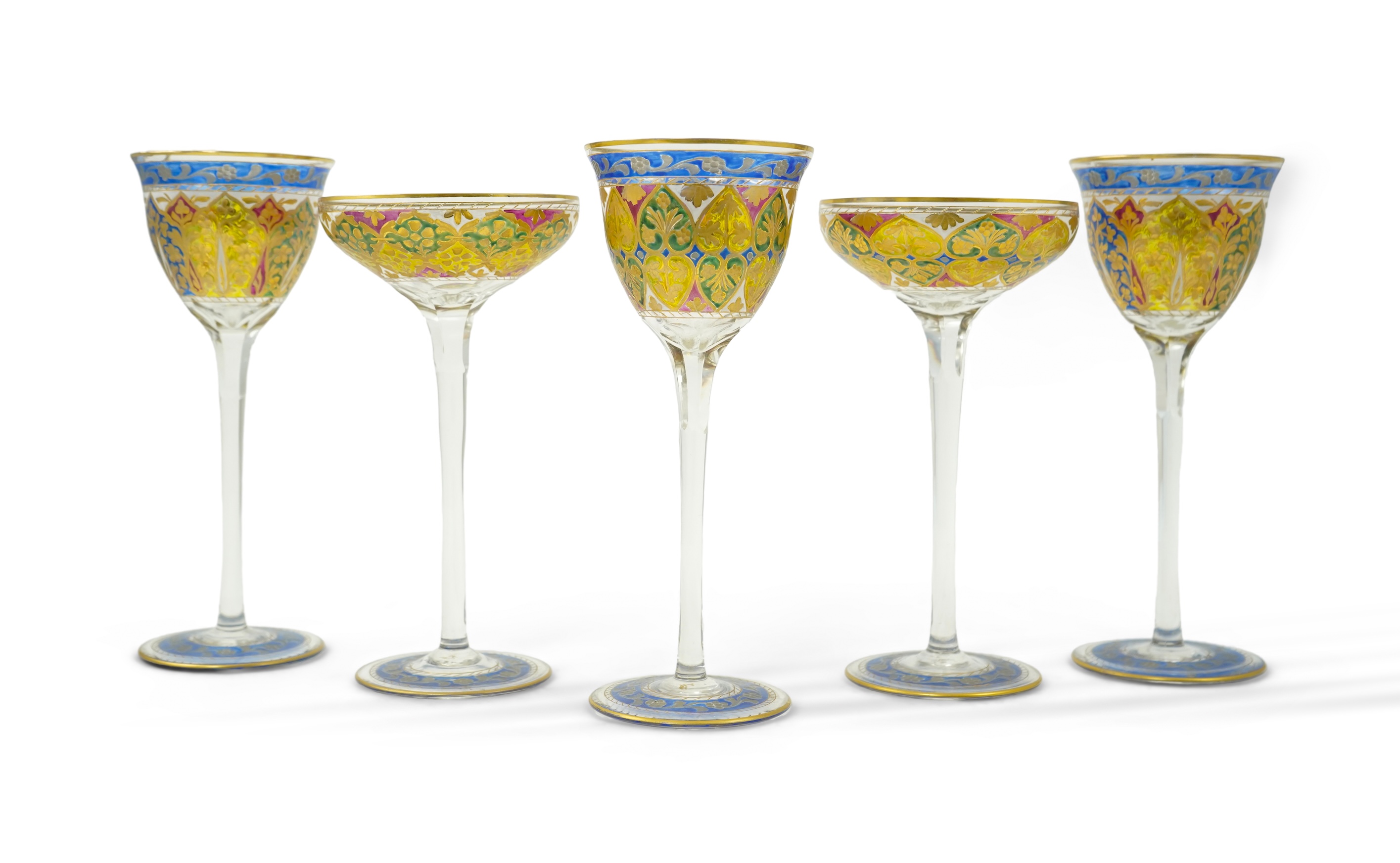 Fritz Heckert, five Jugendstil painted and gilt ‘Jodhpur’ glasses, c.1900